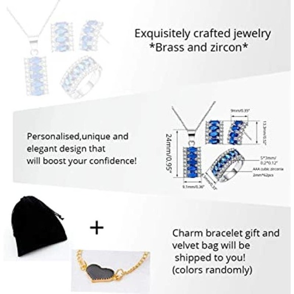 Sapphire Crystal Necklace Earring Ring Set CZ Cubic Rhinestone Necklace Ring Ear - Picture 6 of 7